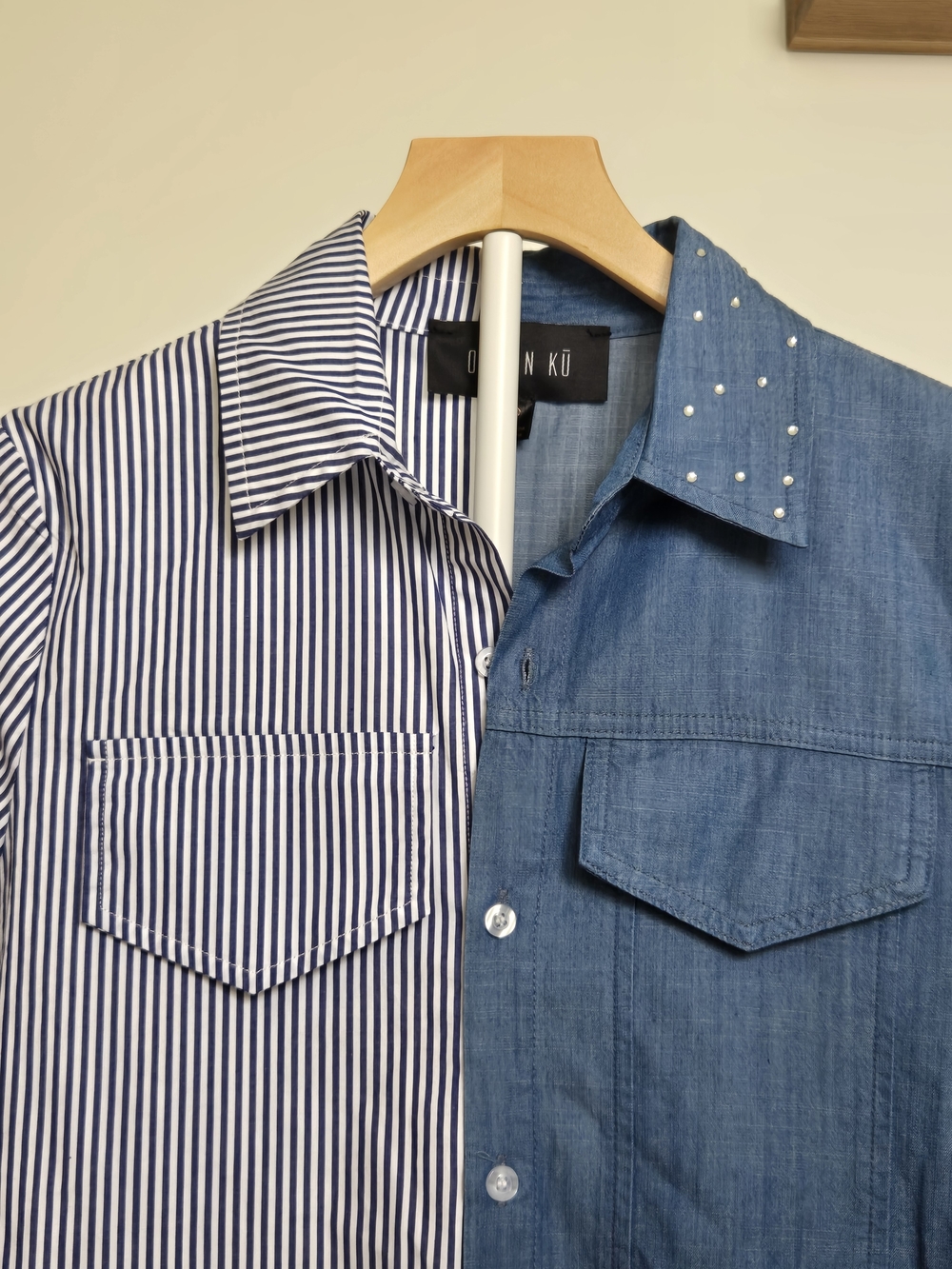NWOT OZANI N KU Two-Tone Blue Striped & Chambray Button-Down Shirt Womens Size S - Picture 9 of 13